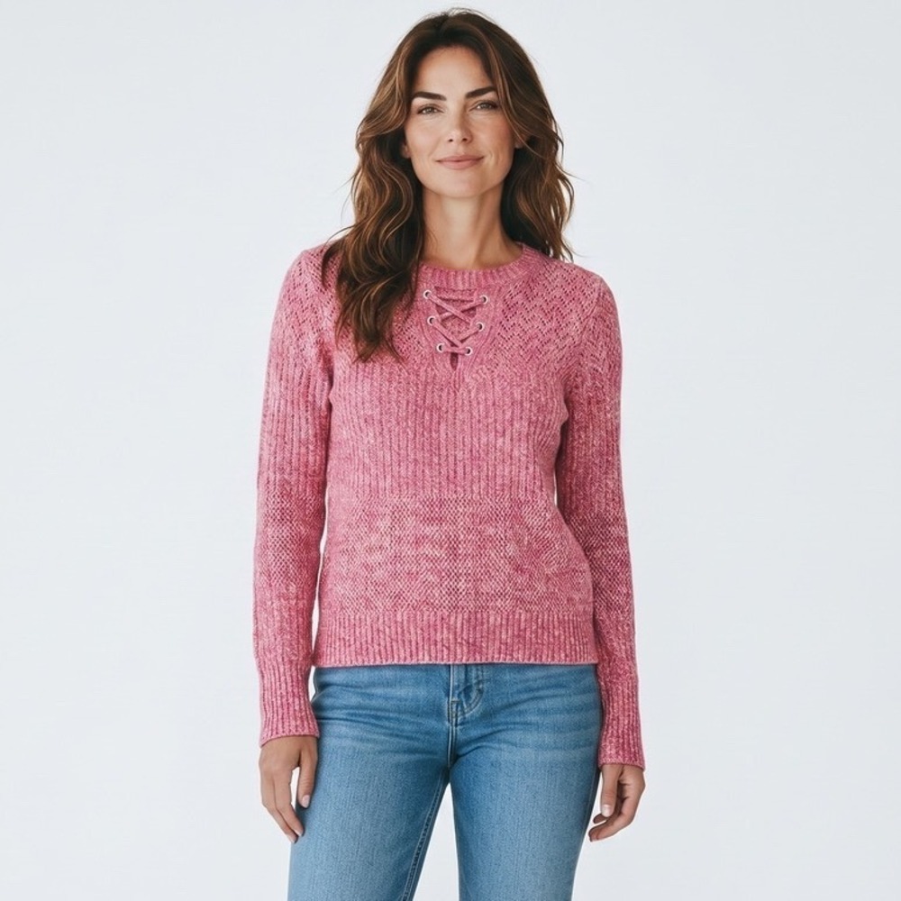 Hippie Rose Pink Marl Lace Up Front Pointelle Knit Sweater Womens XS Barbiecore